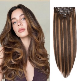 LUVME Invisible Clip in Hair Extensions Real Human Hair, 18 inch 110g 7Pcs, Natural Brown Highlights Human Hair Extensions Clip ins for Women, Natural Seamless Straight Human Hair