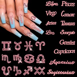 JERCLITY 24 Pieces Pink Alloy Zodiac Nail Charms 12pcs Zodiac Signs Nail Studs 12pcs Constellation Words Nail Charms Pink Constellation Letters Nail Art Charms for Women Girls Nail Art