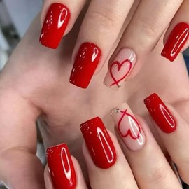 Valentines Press on Nails Medium Square MABKJLF Red Fake Nails False Nails with Designs Heart Rhinestones Full Cover Glossy Glue on Nails Valentine's Day Acrylic Nails for Women Girls 24 Pcs