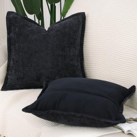 Madizz Set of 2 Chenille Velvet Cushion Covers with Flange Soft Boho Textured Throw Pillow Covers Broadside Pillowcases Modern Farmhouse Home Decor for Sofa Bedroom Black 16x16 inch, 40x40 cm