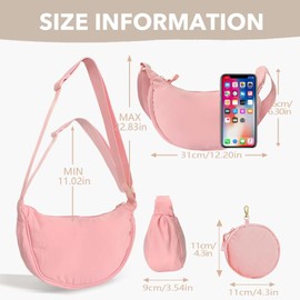 GoPaw Crescent Bag for Women, Nylon Half Moon Bags Women Crossbody Bag with Adjustable Strap, Solid Color Dumpling Bags Portable Crescent Purse for Daily Use (Pink A)