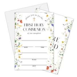 Dr.Baner First Holy Communion Invitation Card, Wildflowers Baptism Invitations For Girls Boys, Christening Fill In Invites, Religious Celebration Decorations Baby Shower Supplies, 02