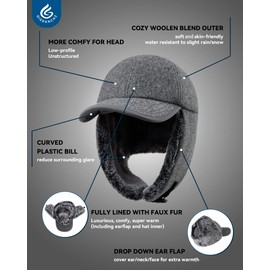 Gisdanchz Warm Winter Baseball Cap with Long Ear Flaps - Wool Blend Exterior, Fully Lined with Faux Fur, Dark grey mottled