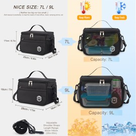 HIHIBEAR 7L / 9L Insulated Lunch Bag for Women & Men, Thermal Bento Lunch Bag, Pack Lunch Cool Bag Foldable for Work Office Travel Picnic (Black, 9L)