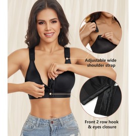 Lemorosy Women's Post Surgical Front Closure Bra Wirefree Non Padded Racerback with Adjustable Wide Strap(Black,40D)