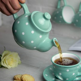 City to Cottage® - Teapot Coffee Pot for 2 Cups | Turquoise and White | Polka Dots | Handmade | Teapot Ceramic Tableware | 750 ml