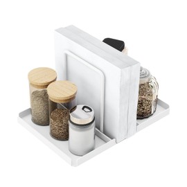 Napkin Holder for Table, Metal Napkin Holder with Salt and Pepper Shakers Caddy, Standing Paper Napkin Storage for Kitchen Dining Table Decor, White