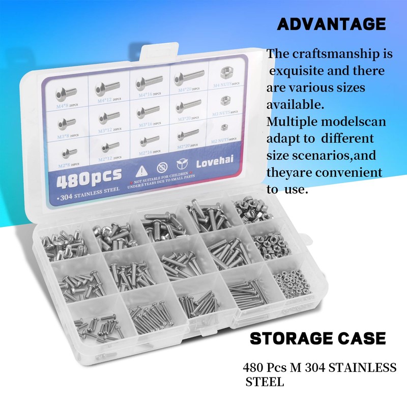 480pcs M2 M3 M4 304 Stainless Steel Metric Screws Assortment