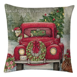 Miytal Christmas Pillow Covers 18 x 18 Inches Set of 4 Xmas Series Red Truck Retro Throw Pillowcase Cushion Cover Case Cotton Zipped Square Christmas Decorations
