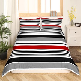 Modern Stripes Bedding Set Twin Size for Kids Boys Bedroom,Red Black Gray Bed Duvet Cover Set,Lines Art Comforter Cover Simplicity Decor 2 Pieces 1 Duvet Cover with 1 Pillowcase No Comforter