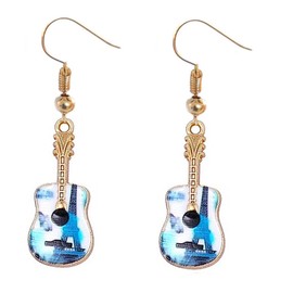 Gold Music Drop Earrings, Guitar Design, Handmade (Blue and White)