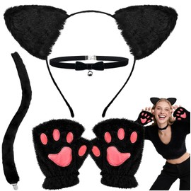 Disfraz de gato para mujer, diadema negra con orejas de gato para mujer, cola, gargantilla de campana y guantes, paquete de 4, accesorios para disfraz de cosplay de Halloween para adultos