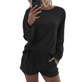 Ekouaer Womens Pajama Sets 2 Piece Lounge Set Casual Long Sleeve With Lounge Shorts Loungewear Matching Sweatersuit Outfits Sleepwear Black S