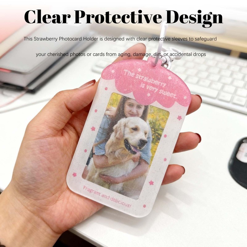 Strawberry Photocard Holder Keychain - Acrylic Photo Protector with Clear