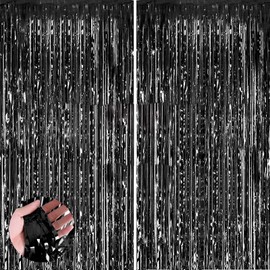 2pcs 3.2ft x 6.5ft Black Foil Curtain Decoration,Black Tinsel Foil Fringe Curtains Streamer Backdrop for Birthday Graduation Wedding Engagement Bridal Shower Christmas,New Year Decoration