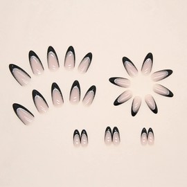 Black French Tip Press on Nails Almond Fake Nails Full Cover Glossy Artificial Nails Medium Length Acrylic Nails Minimalist False Nails with Glitter Designs Glue on Nails for Women and Girls 24Pcs