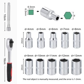 Moendergo 12pcs 1/4″ Metric Socket Wrench Set, Drive Ratchet with High Precision Gear Ratchet Wrench Extension Rod and 10pcs Short Set(4-13mm) Suitable for Furniture Auto Car Repair