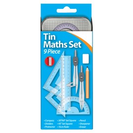 9 Piece Geometry Maths Set with Storage Tin, Metal Compass, Dividers, Set Squares, Protractor, 15cm Ruler