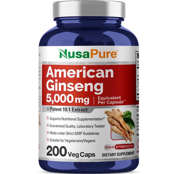 NusaPure American Ginseng 5000 mg - 200 Veggie Capsules (Vegetarian, Non-GMO, Gluten-Free)