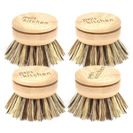 Joejis Hard Bristle Dish Brush Replacement Heads Set of 4 Wooden Eco Washing Up Brush with Sisal Fibre Bristles - Dish Brushes for Washing Up Plates, Stove Tops, Bathtubs, & More