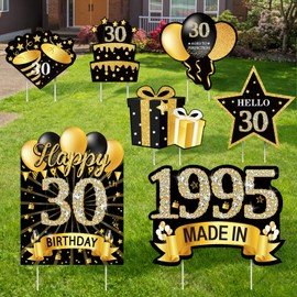 7Pcs Black Gold 30th Birthday Yard Sign Decorations for Men and Women, Happy 30th Birthday Made in 1995 Lawn Sign Party Supplies,Thirty Year Old Birthday Yard Decor with Stakes