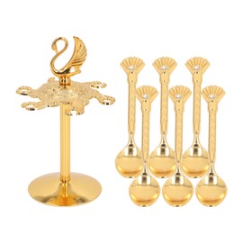 Swan Coffee Spoons Set Mirror Polished Strong Construction Swan Base Holder with 6 Spoons for Fruits Salads Gold