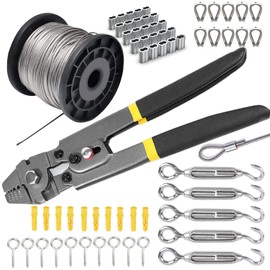 Stainless Steel Wire Rope Kit, with Crimping Tool, 100ft Vinyl Coated Aircraft Cable (1/16 Inch Overmolded to 5/64 Inch), 55Pcs Turnbuckle, Loops, Ferrule and Hooks (Gray)