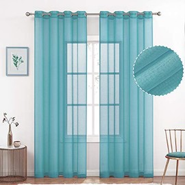 Semi Linen Look Sheer Curtains for Bedroom, Living Room Grommet Light Filtering Solid Voile Window Curtains, Set of 2 Panels (52 x 96 inch, Teal)