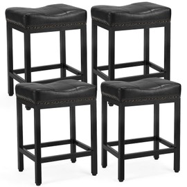 DUMOS Bar Stools Set of 4, 24 inch Counter Height Saddle Stools, Upholstered Modern Kitchen Barstools with Metal Base, PU Leather for Kitchen Island, Black