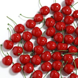 WsCrofts Fake Cherries, 50Pcs Red Artificial Cherry Faux Fruit for Home Kitchen Fruit Bowl Fake Cupcakes Decor
