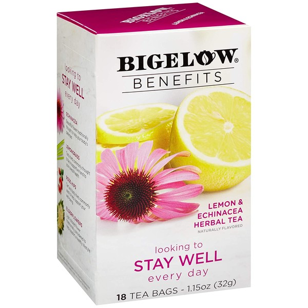 Bigelow Benefits Stay Well Lemon and Echinacea Herbal Tea Bags, 18 Count Box (Pack of 6), Caffeine Free Herbal Tea, 108 Tea Bags Total