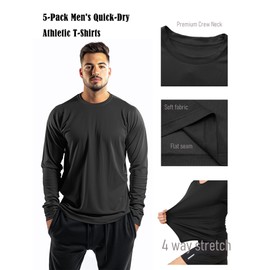 Yafanqi 5 Pack Mens Long Sleeve Shirts Quick Dry Moisture Wicking Athletic Running Gym Workout T Shirts