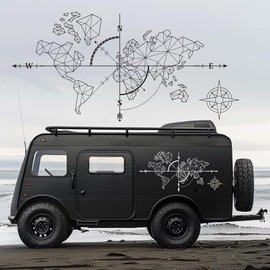 RV Camper Vinyl Sticker – Geometric World Map with Compass Design, 15.8x32.6 Inch Large Decal for Motorhome, Travel Van, or Truck – Outdoor Explorer Theme Decor (WLL061-white)