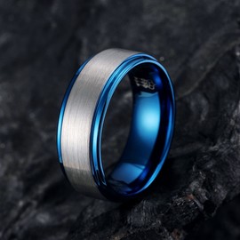 THREE KEYS JEWELRY Mens Rings Unique Silver Blue Tungsten Carbide for Man Brushed Flat Ring 8mm Wedding Band Gifts Bands Rings for Men Size 12.5