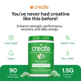 Create Creatine Monohydrate Gummies for Men & Women, Boost Focus, Strength, and Endurance, Anti-Melting Formula, Vegan, Gluten-Free, Non-GMO, 1.5g of Creatine per Gummy (Sour Green Apple)