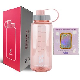 SHOKE Sport Water Bottle 1L 32oz Wide Mouth for Hicking (pink+50pcs stickers)