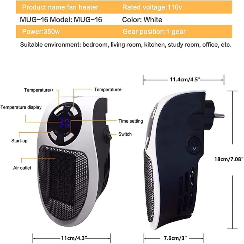 450W Mini Space Heater With Temperature Detection, Remote Wall Outlet