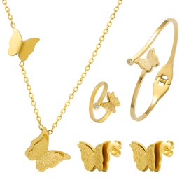 XSDSLS Women's Butterfly Jewellery Sets Stainless Steel Butterfly Necklace Bracelet Earring Ring Sets Butterfly Open Bangle Butterfly Pendant Jewelry Sets Gifts for Women (Gold)