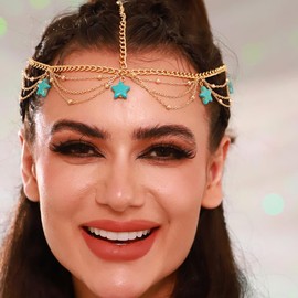 Auwoyss Turquoise Layered Head Chain Boho Star Hair Chain Forehead Festival Pendant Headpieces for Women and Girls (Gold)