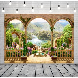 CORFOTO 8x6ft Fabric Beautiful Balcony Scenery Photography Background Arch Gate with Green Mountain Wonderful Garden Girls Birthday Princess Wedding Photo Studio Props