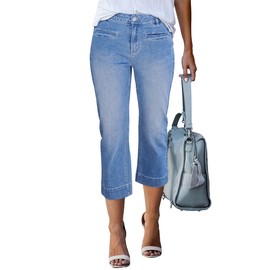 luvamia High Waisted Cropped Jeans for Women Casual Denim Capris Womens Fashion Lakeside Blue Women Jeans Jean Capri Pants for Women Women's Capris and Cropped Pants Size Large Fits Size 12 Size 14