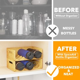 SpaceAid Bamboo Water Bottle Organizer with Labels for Kitchen and Pantry, Storage Rack for Cabinets, Home Cup and Wine Bottle Holder Shelf Organizers, 2 Pack 3-Slot, Hold 6 Bottles