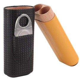 Cigar Case Black Leather Travel Humidor Cedar Wood with 2 Tubes and Cigar Cutter