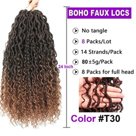 24 inch Goddess Locs Crochet Hair 8 Packs Boho Faux Locs Crochet Braids for Black Women Soft Locs Crochet Hair Pre Looped 1B/30