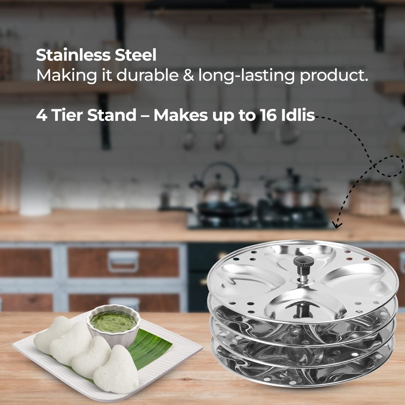 KSJONE Stainless Steel Idli Stand | 4-Plates Idli | Idli