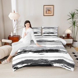 Erosebridal Abstract Black White Comforter Set King Size Modern Grey Striped Bedding Set for Adults Men Women Geometric Aesthetic Oil Painting Comforter Minimalist Simple Watercolor Quilt