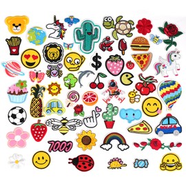 60 PCS Cute Iron On Patches, Assorted Embroidered Patches Bulk for DIY, Heat Press Sew On Applique Patches for Clothes, Backpacks, Hats, Bags and Jeans