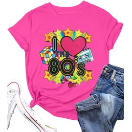 ASTANFY 80s Workout Costume Outfit for Women I Love The 80's T-Shirt 80s Outfit Hip Hop Party Tee Birthday Theme Party Gift Hot Pink