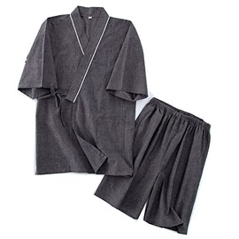 OWLONLINE Japanese Kimono Mens Plus Size Short Sleeve Top & Pants Sleepwear Pajamas Set, Gray 2
