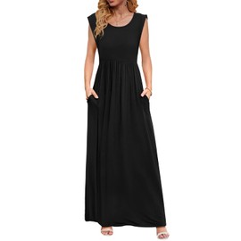 DB MOON Womens 2025 Maxi Dresses Empire Waist Casual Summer Long Sun Dress Cap Short Sleeve Sundress with Pockets L, Black 01